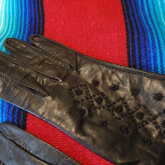 Leather Beaded 14" Evening Dress Gloves Vintage Diamond Pattern Elegant Demure ! - Picture 4 of 14
